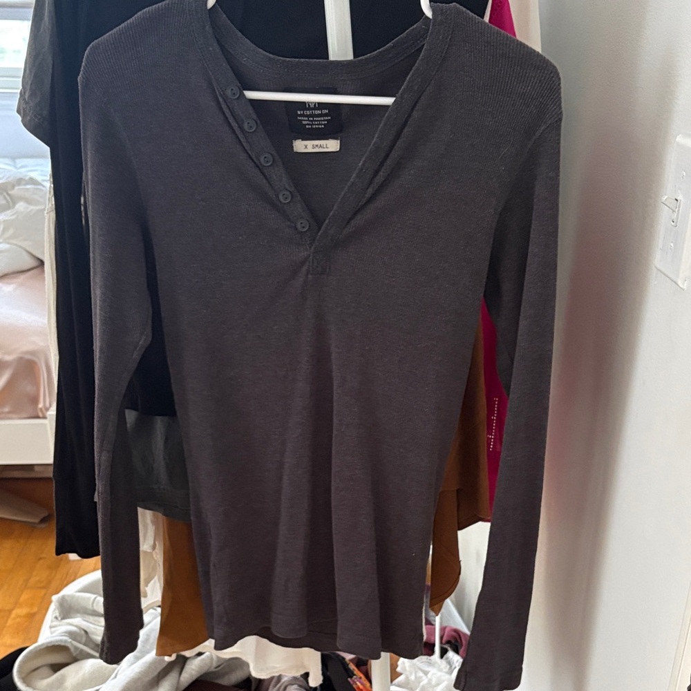 Cotton On Charcoal Ribbed Long-Sleeve Henley Top